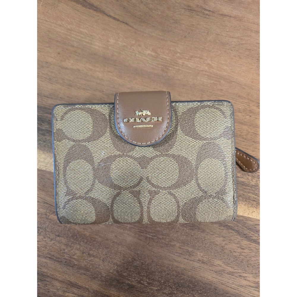 Coach Medium Corner Zip Wallet Signature Canvas Khaki Saddle Brown Bifold